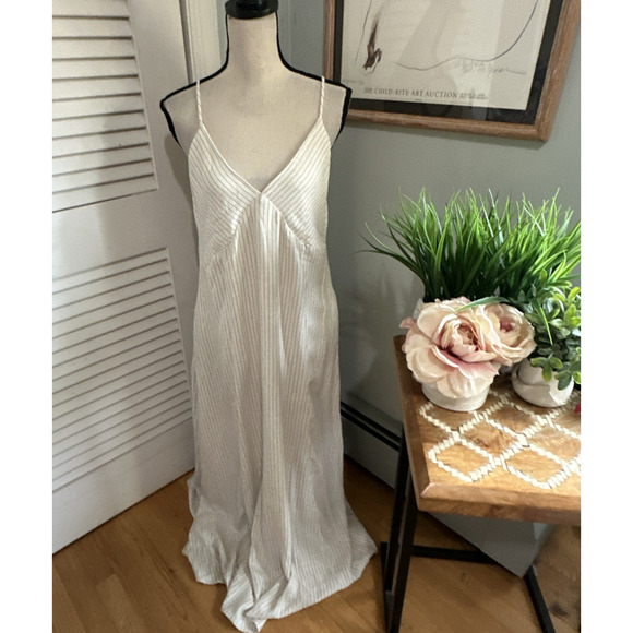 HUNTER BROWN Womens Dress XL Cream Striped Maxi Plunging V Neck Halter Backless - Picture 1 of 13